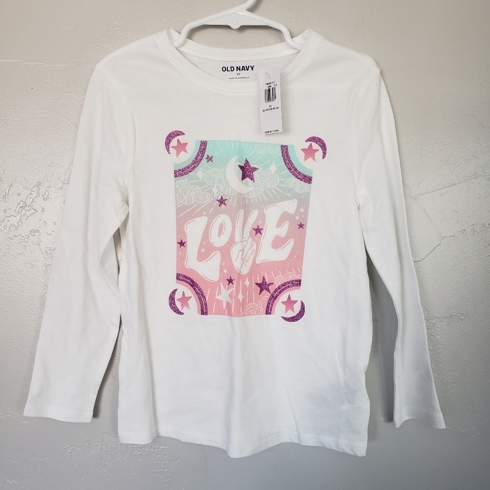 Old Navy NWT Toddler Girl 5T White Long Sleeve T-shirt Graphic Tee Love Stars